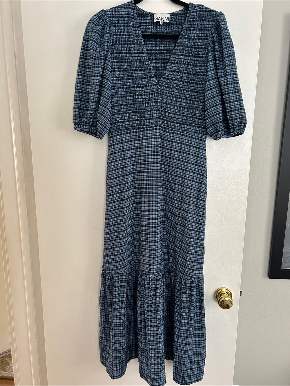 Ganni Blue Plaid V-Neck Tiered Puff Sleeve Maxi Dress